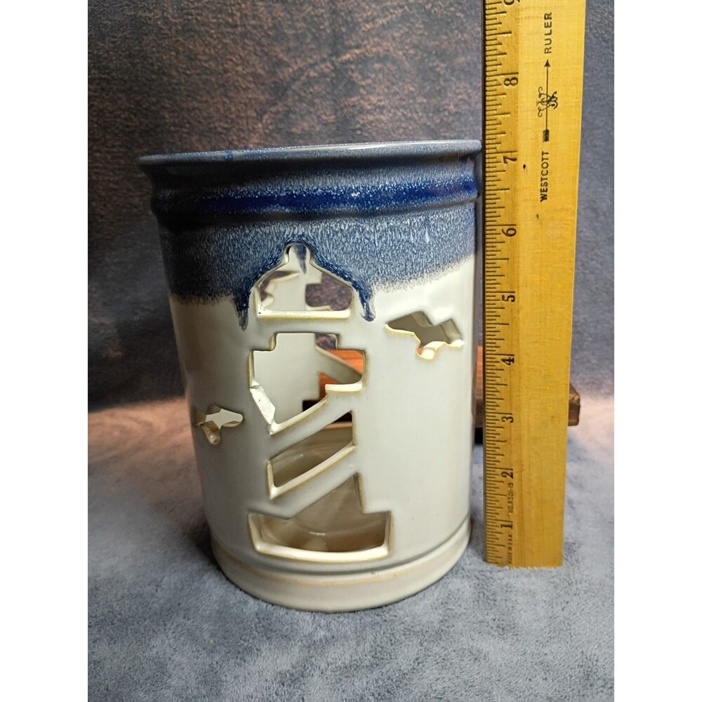 Retired Yankee Candle Lighthouse Ceramic Candle Holder Set Coastal Nautical Blue - Picture 7 of 16